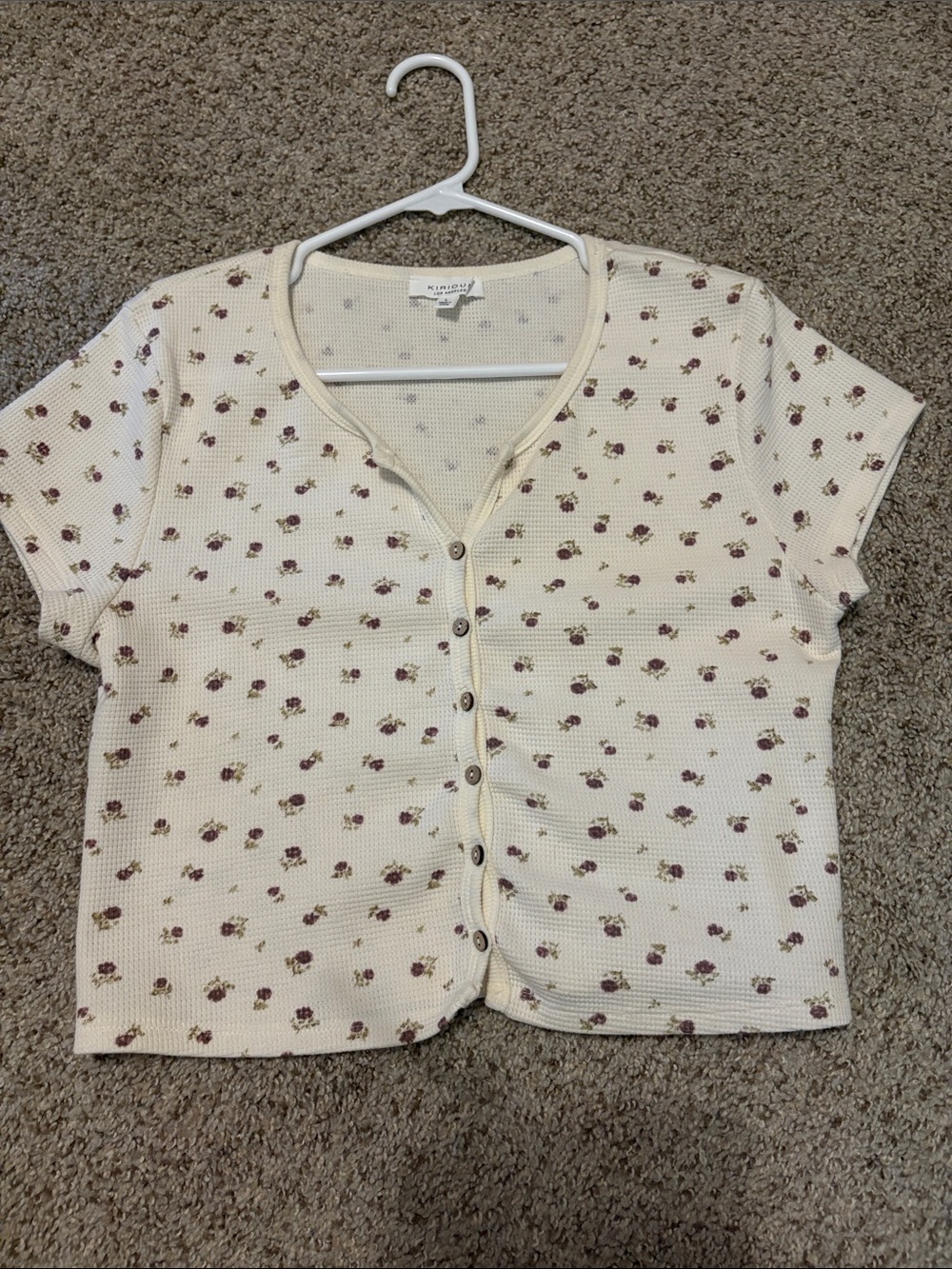 Cream Waffle Knit Button-Up Top with Mauve Floral Print